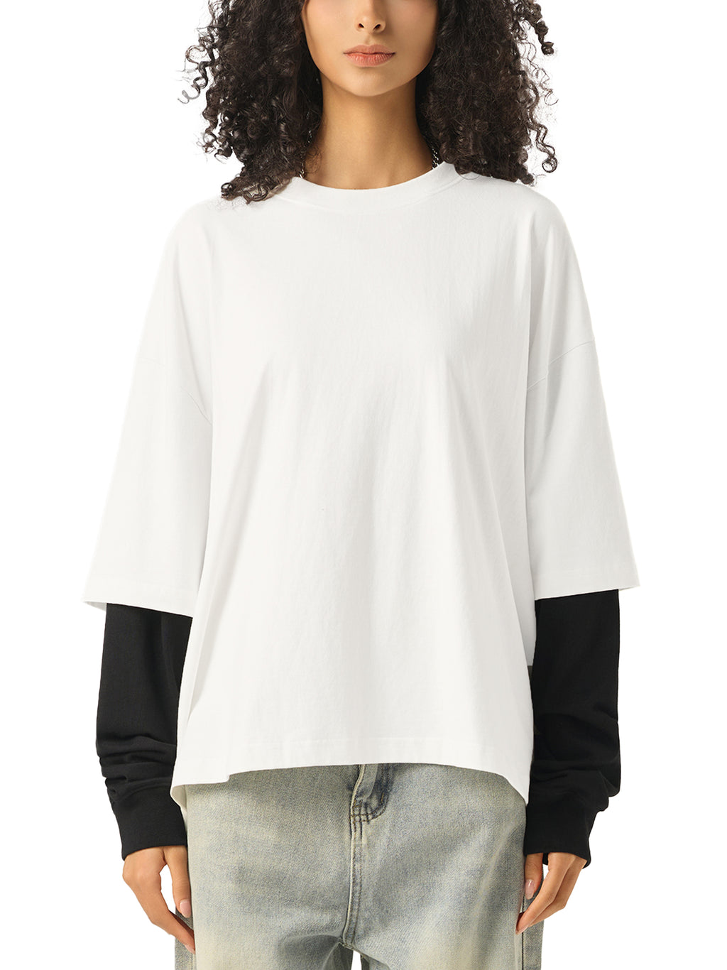 139 Koifish Layered Contrast Sleeve Cotton T-Shirt