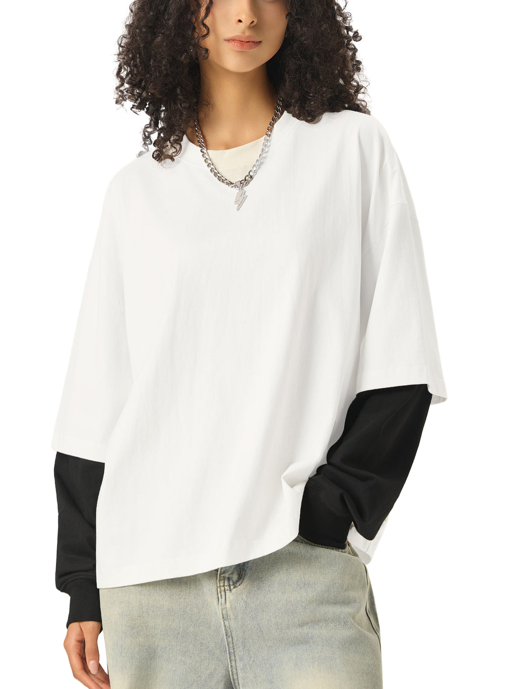 139 Koifish Layered Contrast Sleeve Cotton T-Shirt