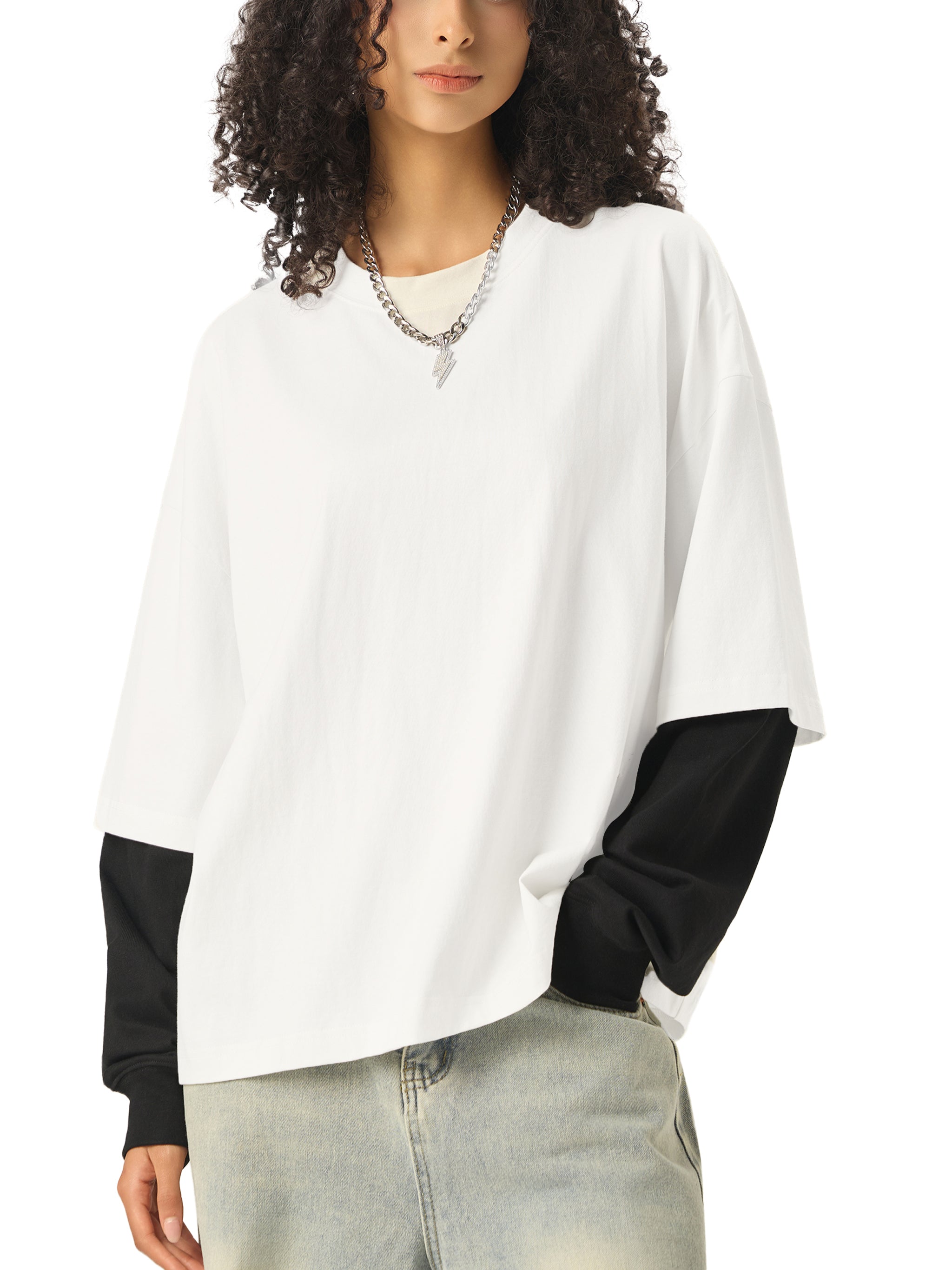 139 Koifish Layered Contrast Sleeve Cotton T-Shirt